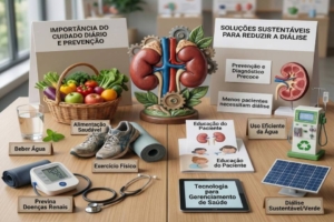 Dia Mundial do Rim. Mesa com materiais educativos sobre saúde renal, incluindo modelos de rins, cesta de frutas, monitor de pressão arterial e maquete de painel solar, simbolizando a prevenção e soluções sustentáveis.