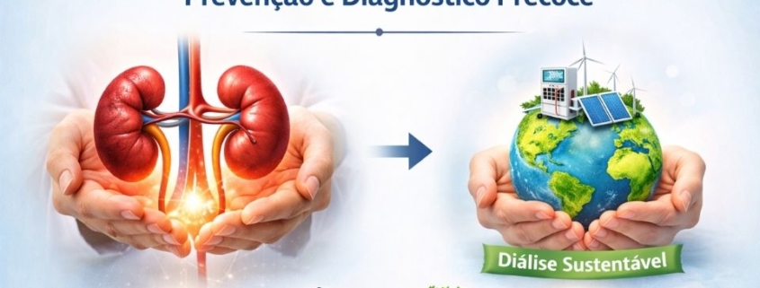 Ilustração do Dia Mundial do Rim mostrando mãos que cuidam de rins humanos, com uma transição para o conceito de diálise sustentável representado por um planeta terra verde e tecnológico.